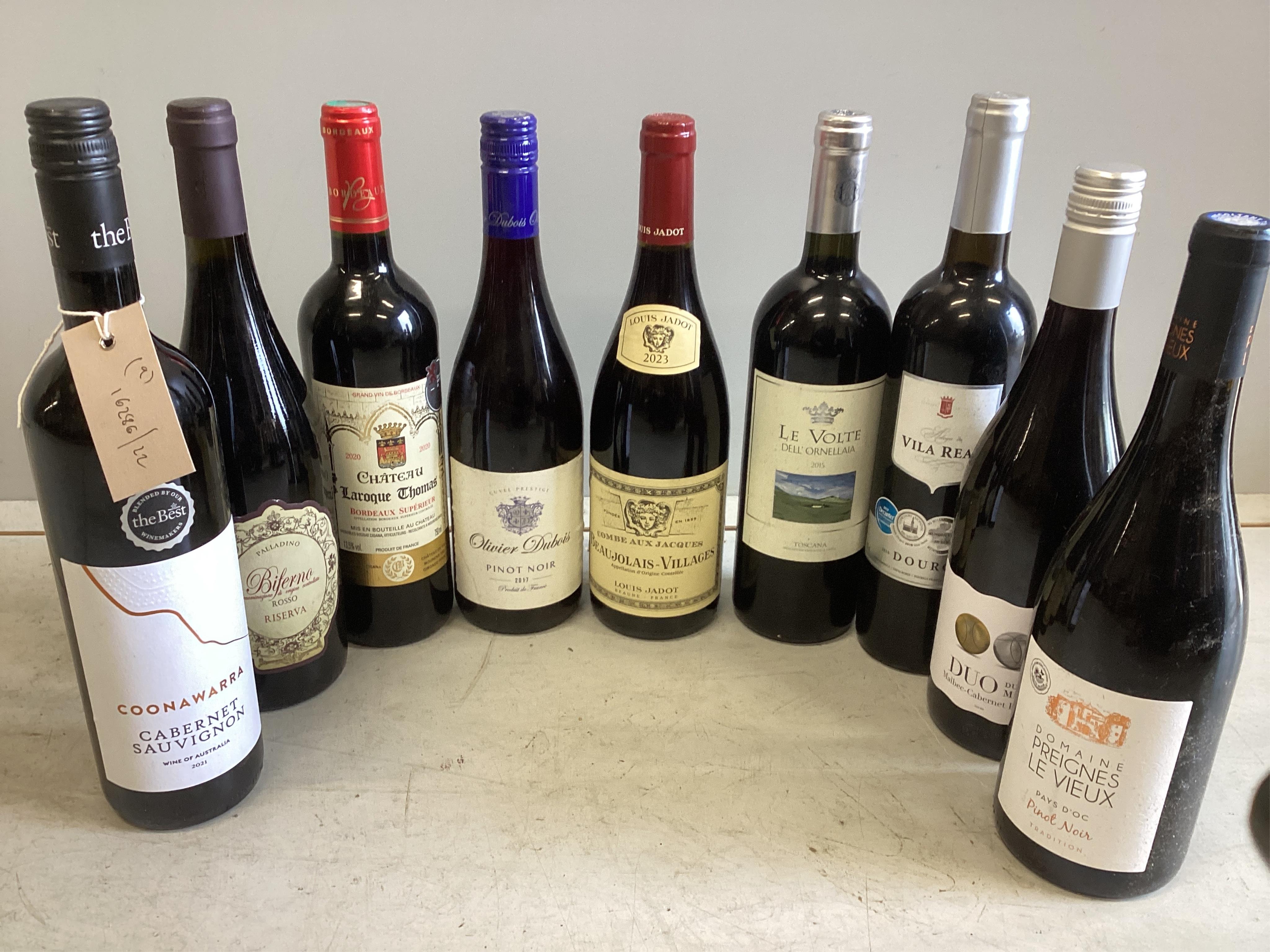 Nine bottles of assorted red wine to include Vila Real Douro, Coonawarra Cabernet Sauvignon and Chateau Laroque Thomas Bordeaux Superieur (9) Surplus stock from a local wedding planner. Condition - good